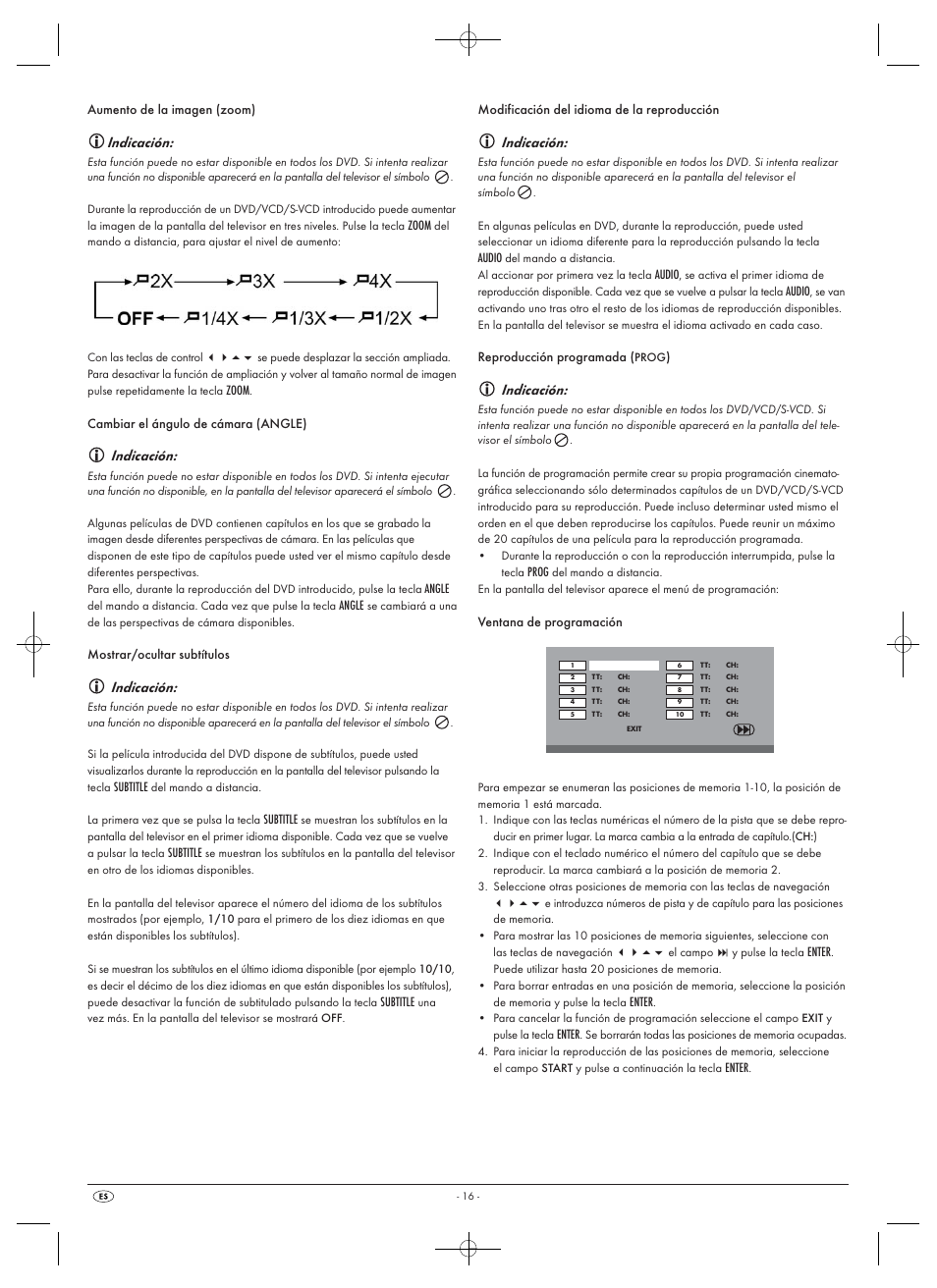 Indicación, Aumento de la imagen (zoom), Zoom | Cambiar el ángulo de cámara (angle), Angle, Mostrar/ocultar subtítulos, Subtitle, Modificación del idioma de la reproducción, Audio, Reproducción programada | Silvercrest SHDP 5.1 A1 User Manual | Page 18 / 98