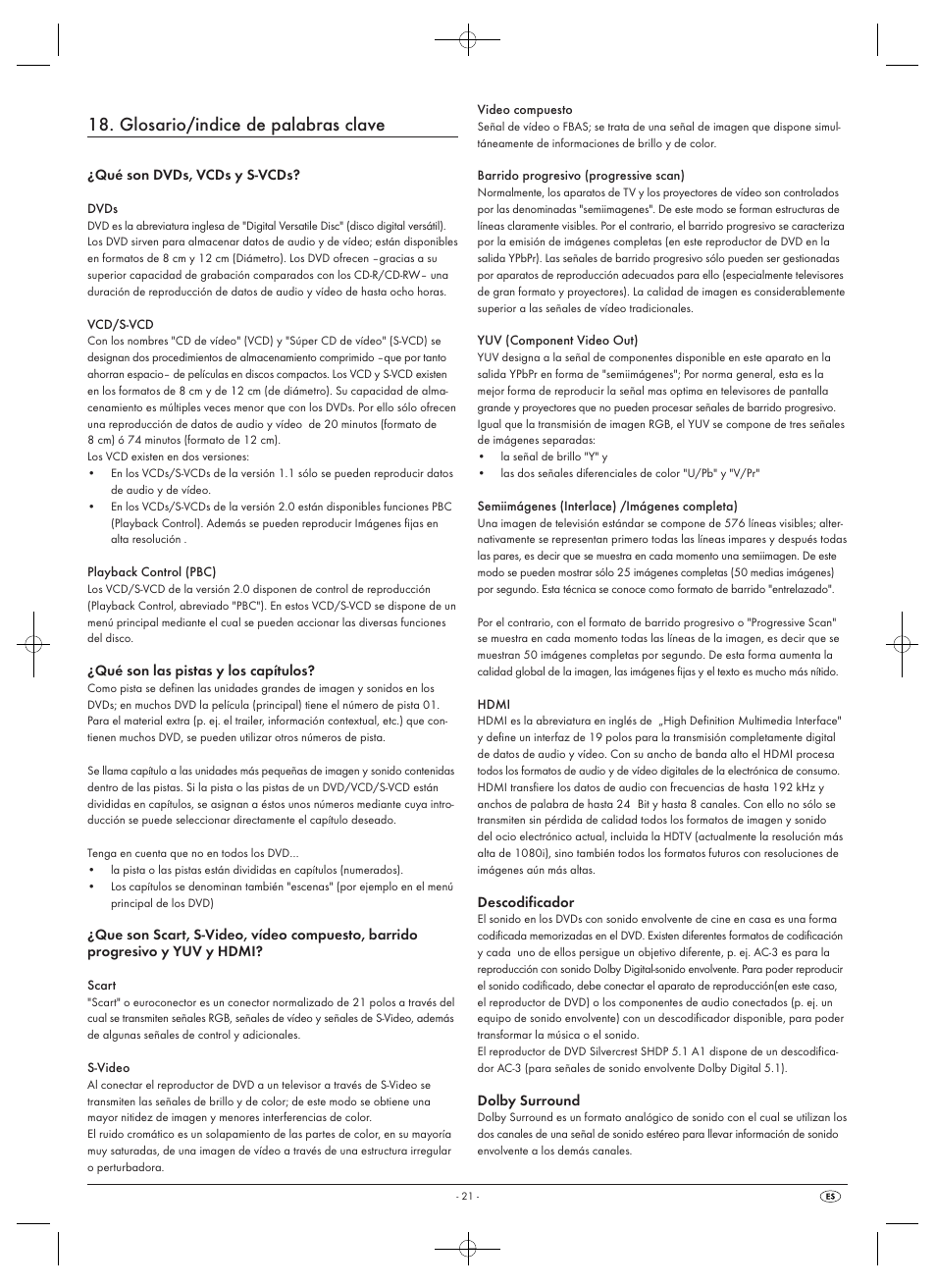 Glosario/indice de palabras clave | Silvercrest SHDP 5.1 A1 User Manual | Page 23 / 98