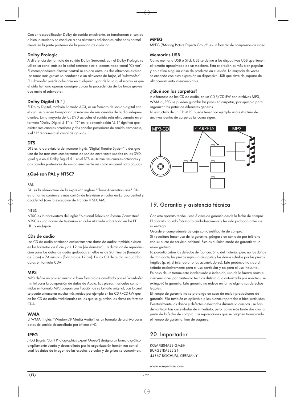 Garantía y asistencia técnica, Importador, Carpeta | Silvercrest SHDP 5.1 A1 User Manual | Page 24 / 98