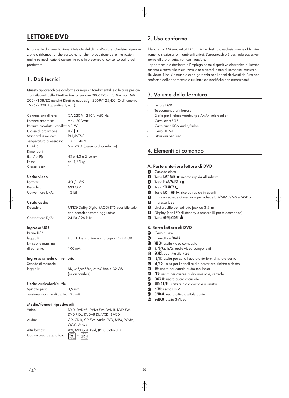 Lettore dvd, Dati tecnici, Uso conforme | Volume della fornitura, Elementi di comando | Silvercrest SHDP 5.1 A1 User Manual | Page 28 / 98