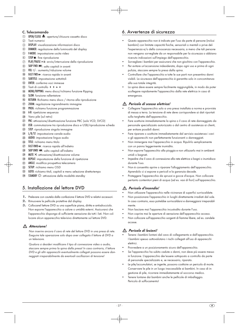 Installazione del lettore dvd, Avvertenze di sicurezza | Silvercrest SHDP 5.1 A1 User Manual | Page 29 / 98