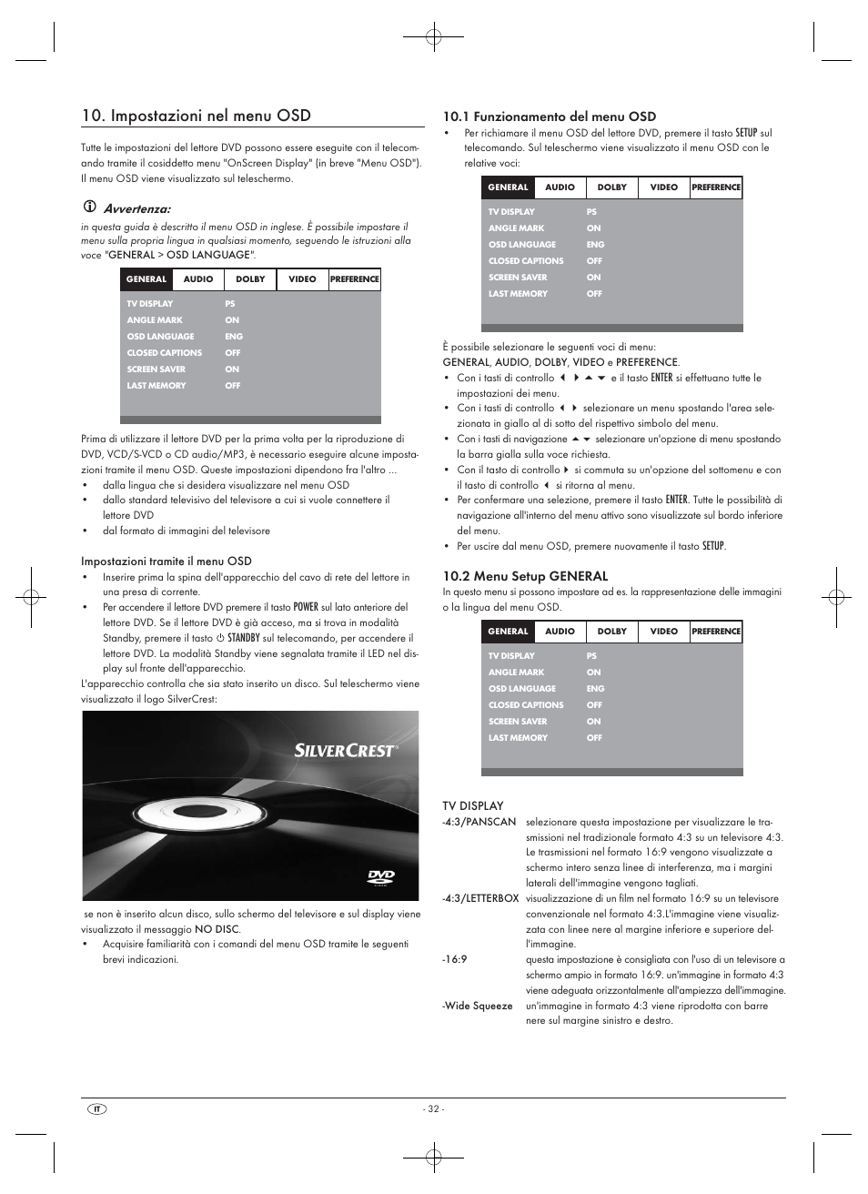 Impostazioni nel menu osd, Avvertenza, 1 funzionamento del menu osd | 2 menu setup general | Silvercrest SHDP 5.1 A1 User Manual | Page 34 / 98