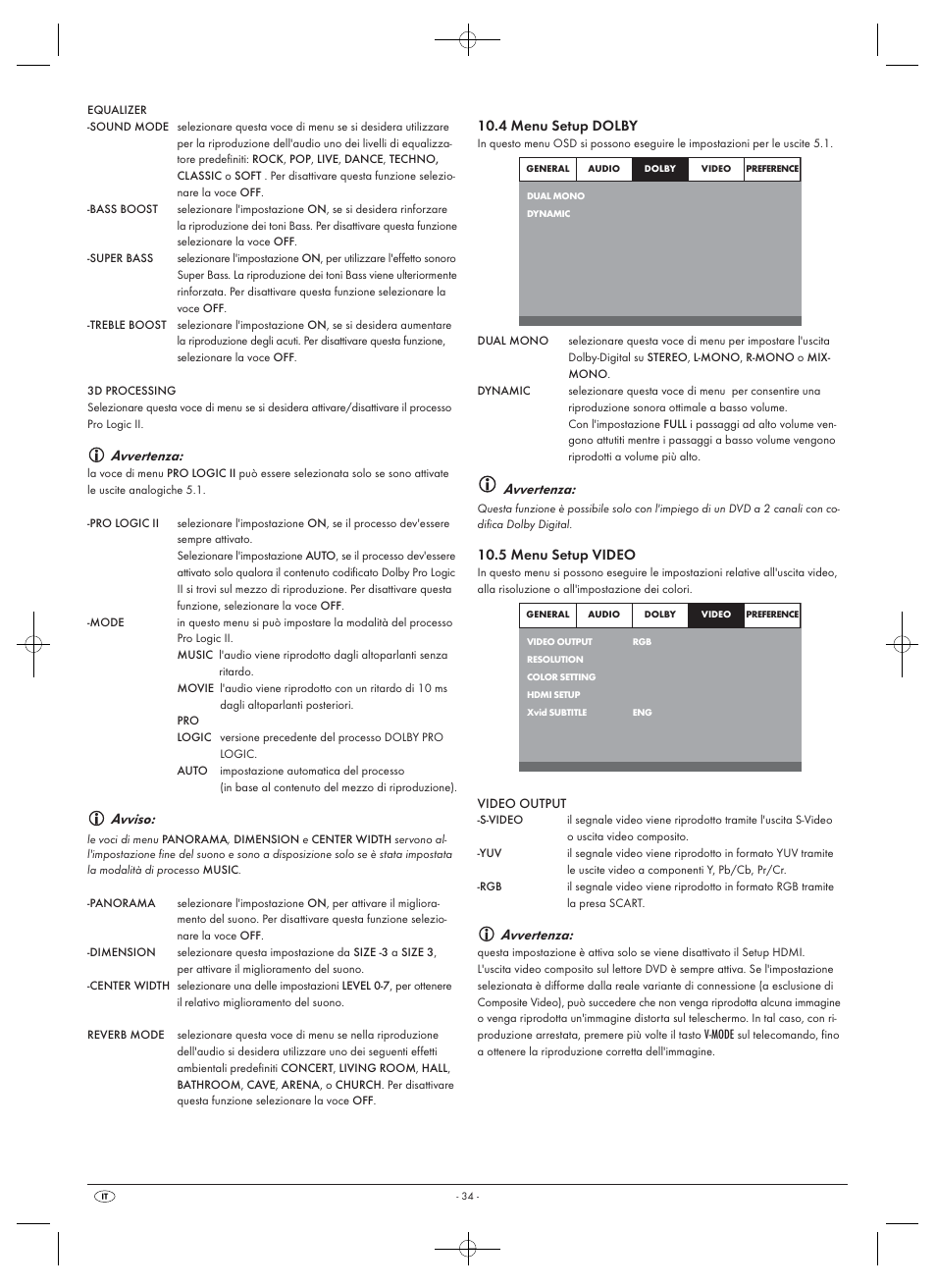 Avvertenza, Avviso, 4 menu setup dolby | 5 menu setup video | Silvercrest SHDP 5.1 A1 User Manual | Page 36 / 98