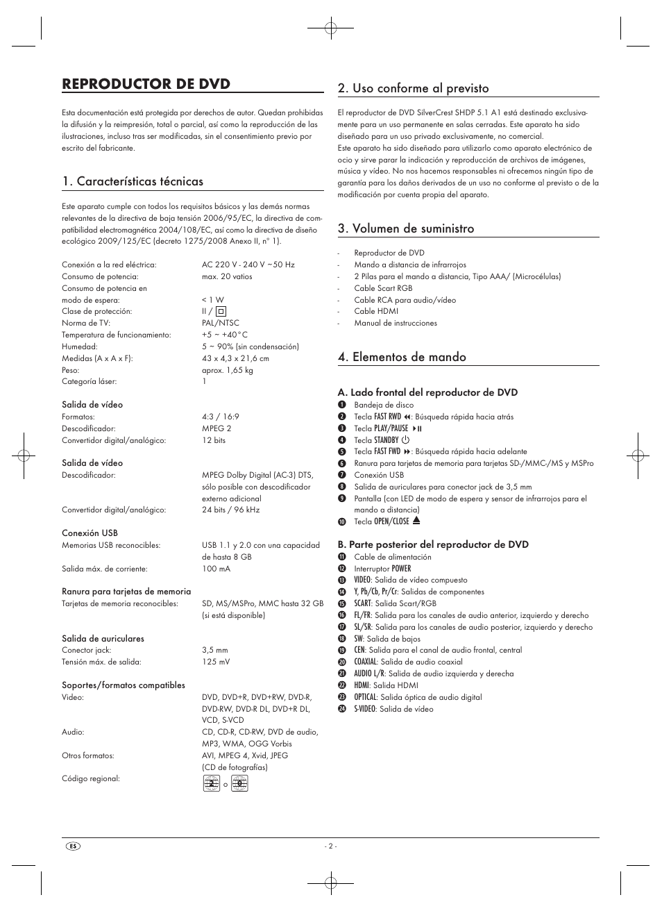 Reproductor de dvd, Características técnicas, Uso conforme al previsto | Volumen de suministro, Elementos de mando | Silvercrest SHDP 5.1 A1 User Manual | Page 4 / 98