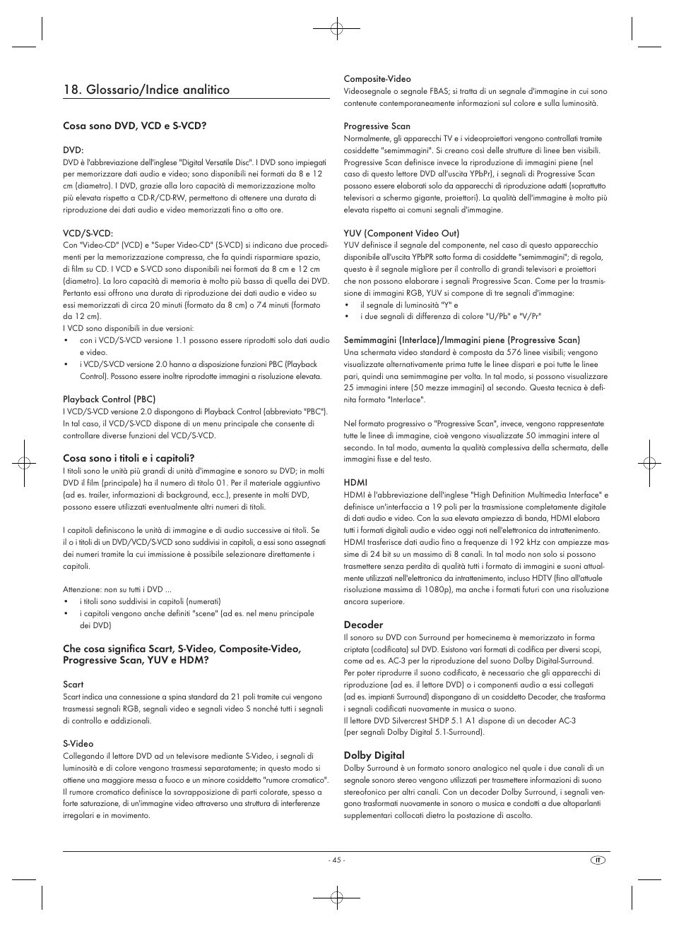 Glossario/indice analitico | Silvercrest SHDP 5.1 A1 User Manual | Page 47 / 98