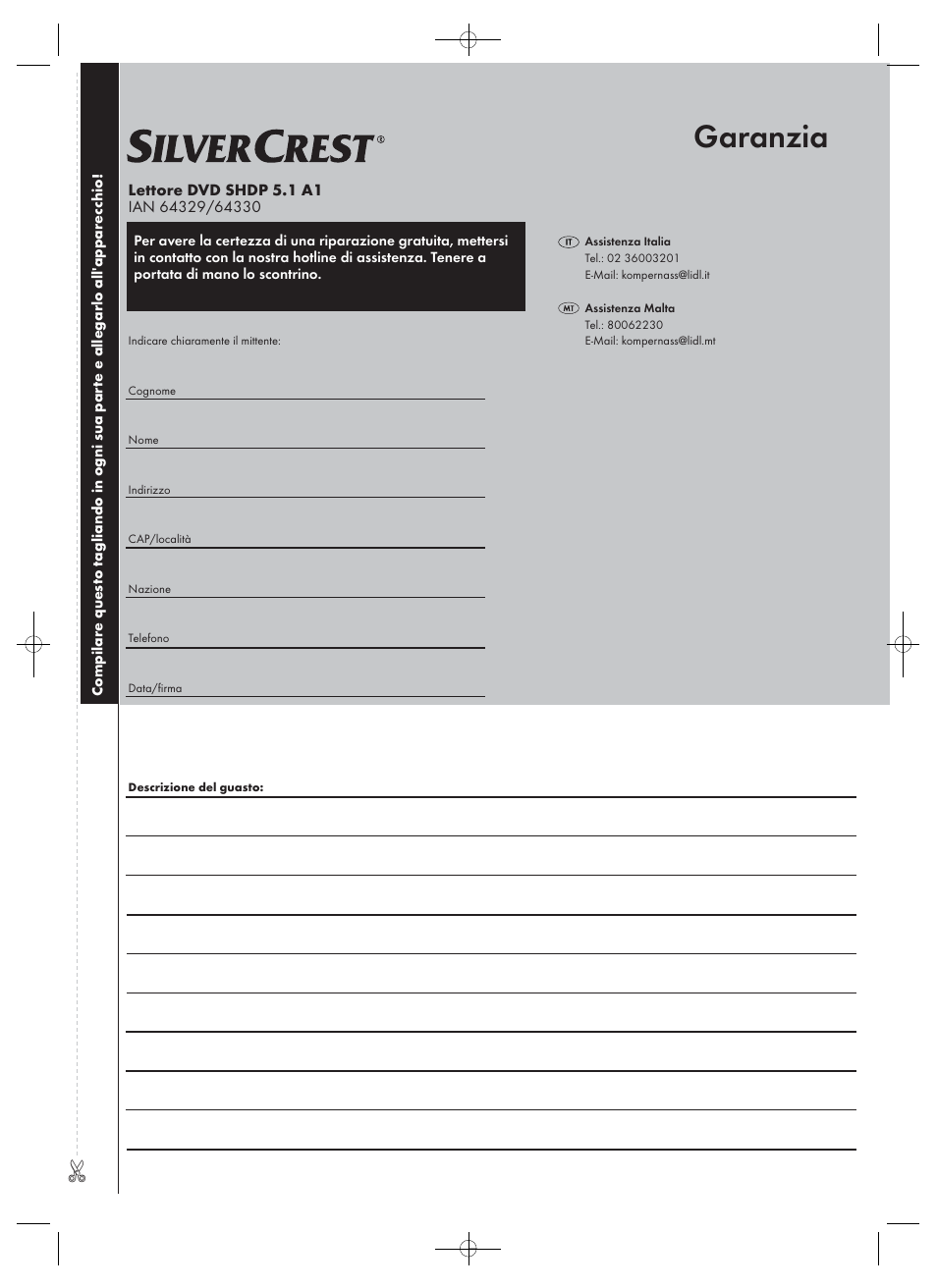 Garanzia | Silvercrest SHDP 5.1 A1 User Manual | Page 49 / 98