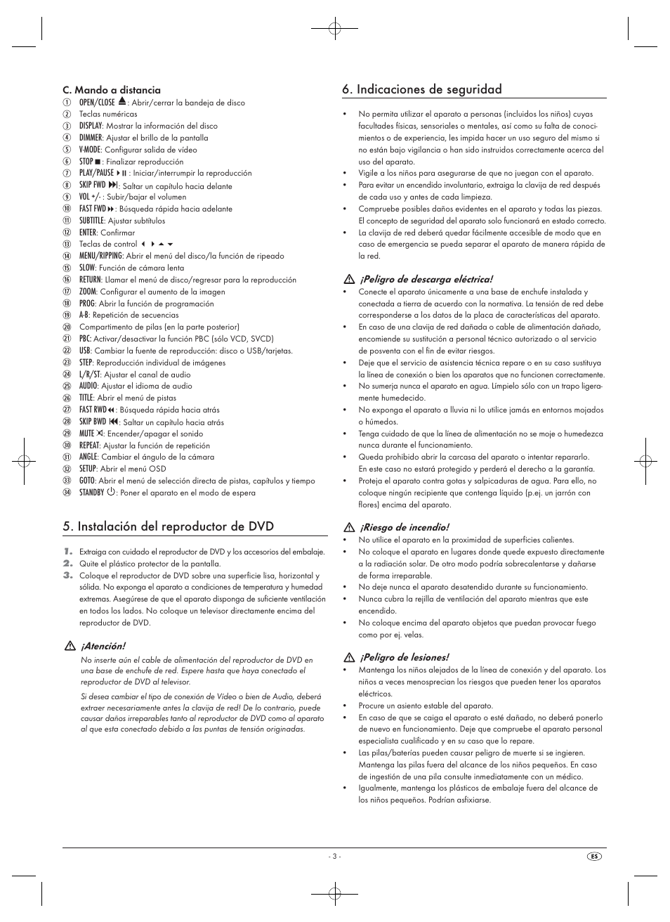 Instalación del reproductor de dvd, Indicaciones de seguridad | Silvercrest SHDP 5.1 A1 User Manual | Page 5 / 98