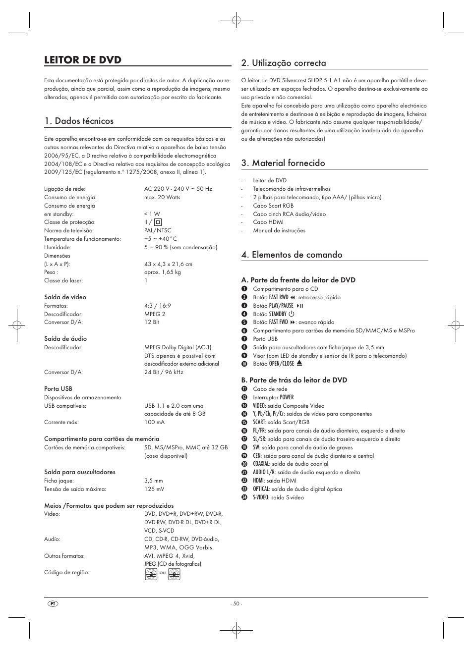 Leitor de dvd, Dados técnicos, Utilização correcta | Material fornecido, Elementos de comando | Silvercrest SHDP 5.1 A1 User Manual | Page 52 / 98