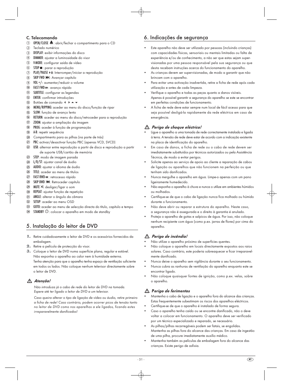 Instalação do leitor de dvd, Indicações de segurança | Silvercrest SHDP 5.1 A1 User Manual | Page 53 / 98
