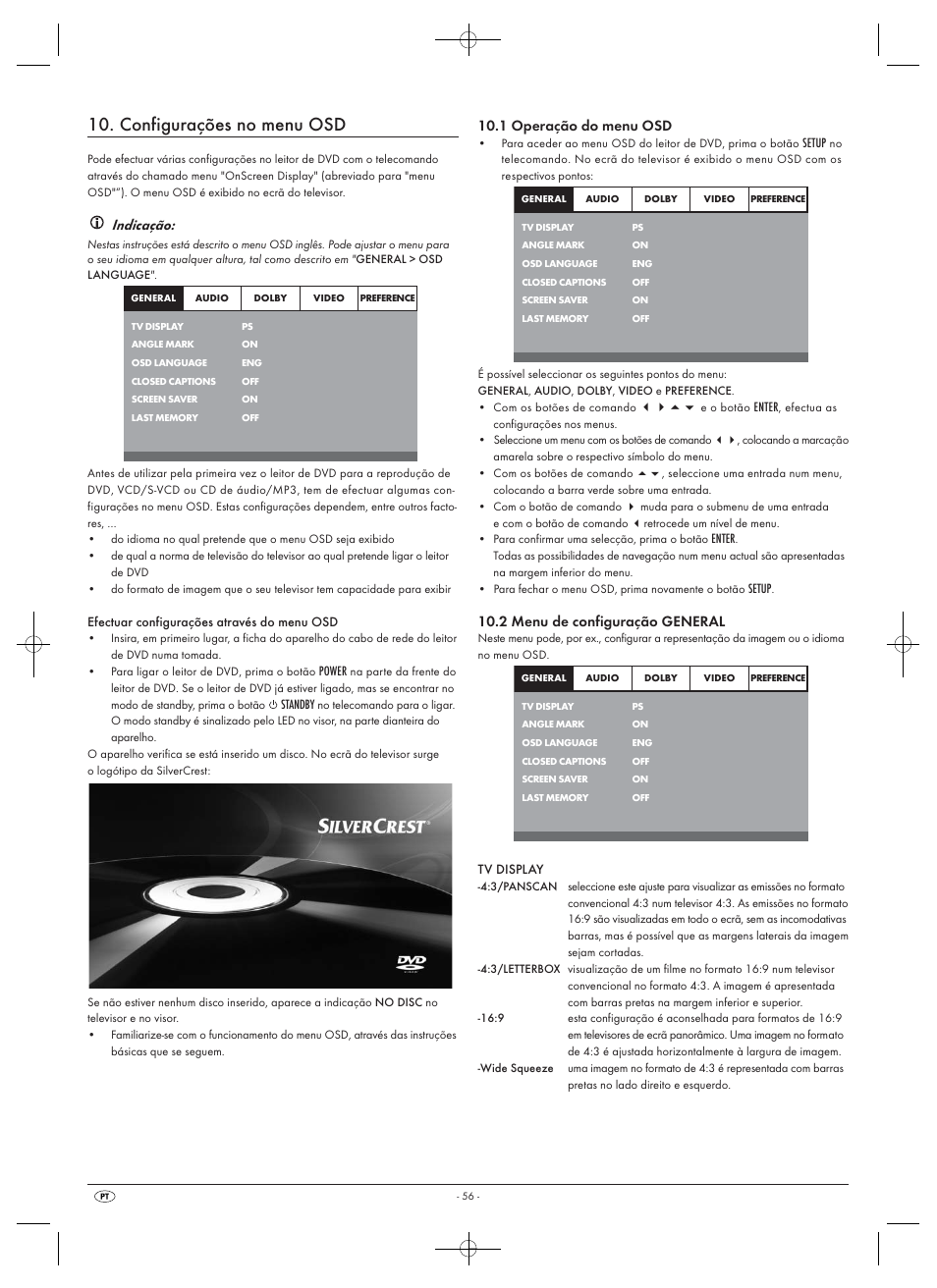 Configurações no menu osd, Indicação, 1 operação do menu osd | 2 menu de configuração general | Silvercrest SHDP 5.1 A1 User Manual | Page 58 / 98