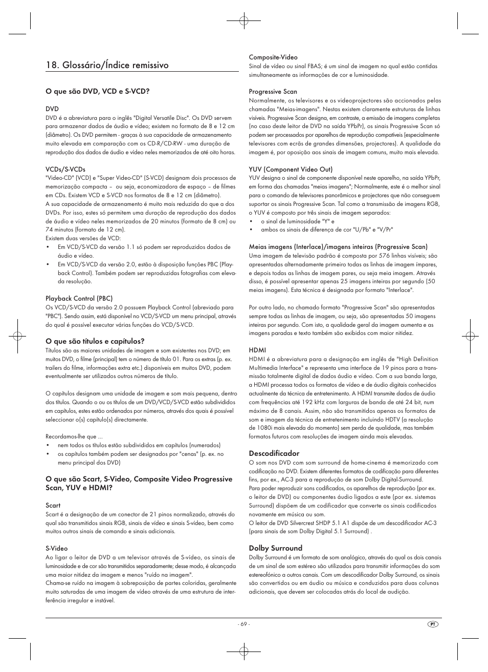 Glossário/índice remissivo | Silvercrest SHDP 5.1 A1 User Manual | Page 71 / 98