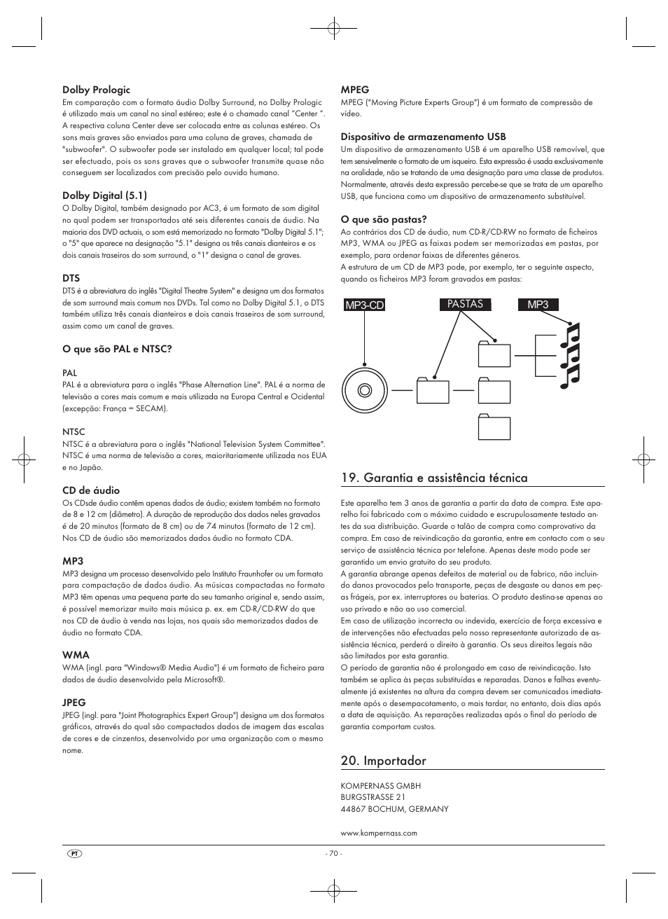 Garantia e assistência técnica, Importador, Pastas | Silvercrest SHDP 5.1 A1 User Manual | Page 72 / 98