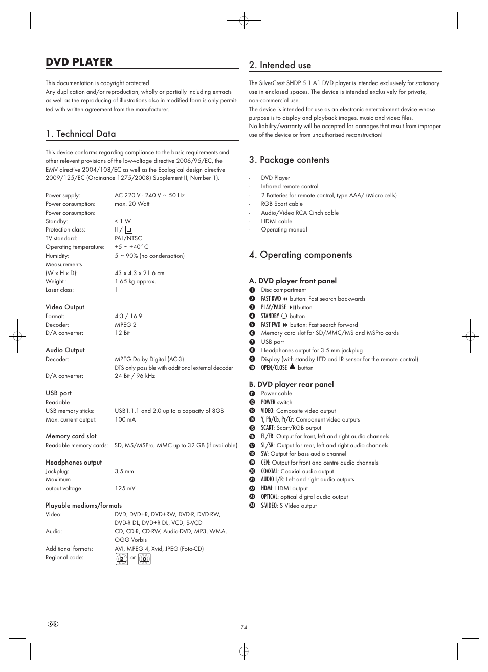 Dvd player, Technical data, Intended use | Package contents, Operating components | Silvercrest SHDP 5.1 A1 User Manual | Page 76 / 98