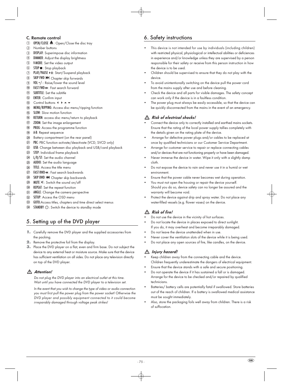 Setting up of the dvd player, Safety instructions | Silvercrest SHDP 5.1 A1 User Manual | Page 77 / 98