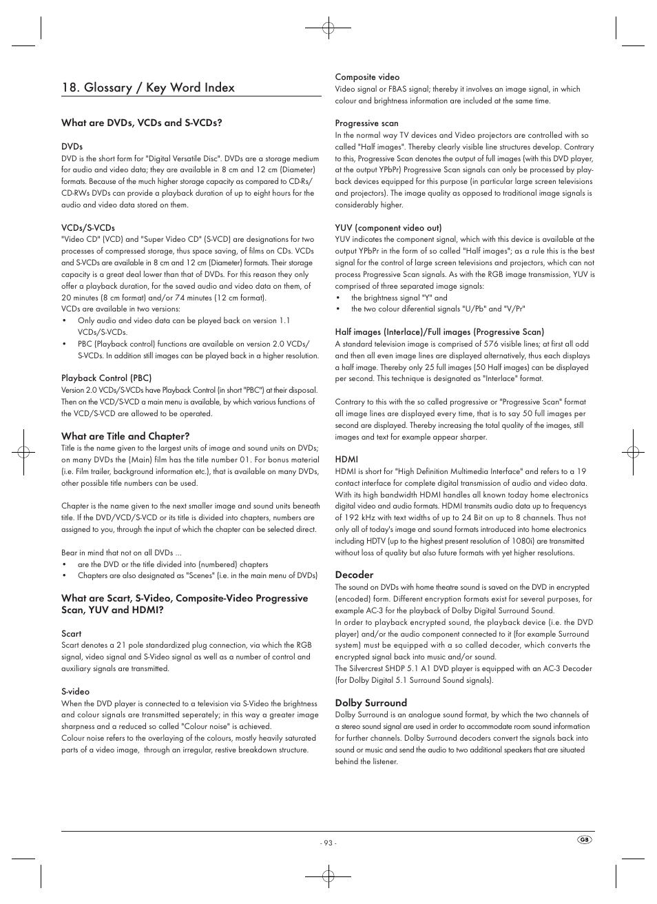 Glossary / key word index | Silvercrest SHDP 5.1 A1 User Manual | Page 95 / 98