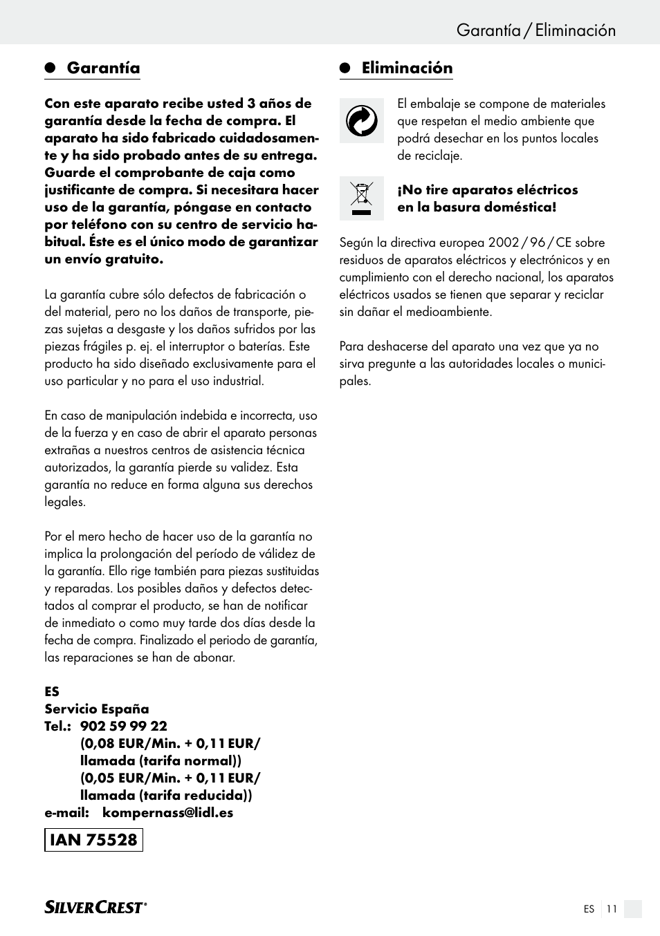 Garantía, Eliminación | Silvercrest SHK 100 B2 User Manual | Page 11 / 45