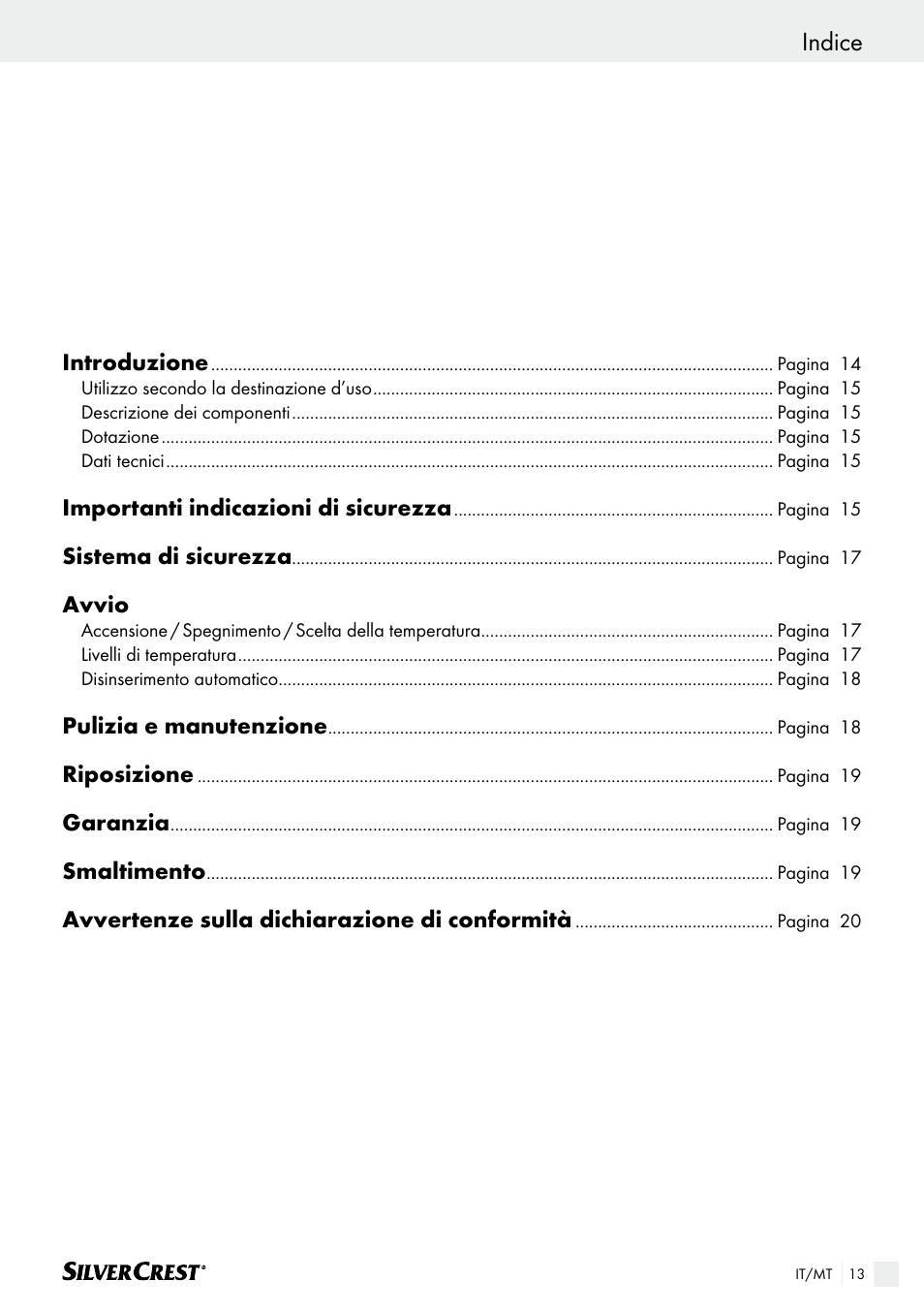 Indice | Silvercrest SHK 100 B2 User Manual | Page 13 / 45
