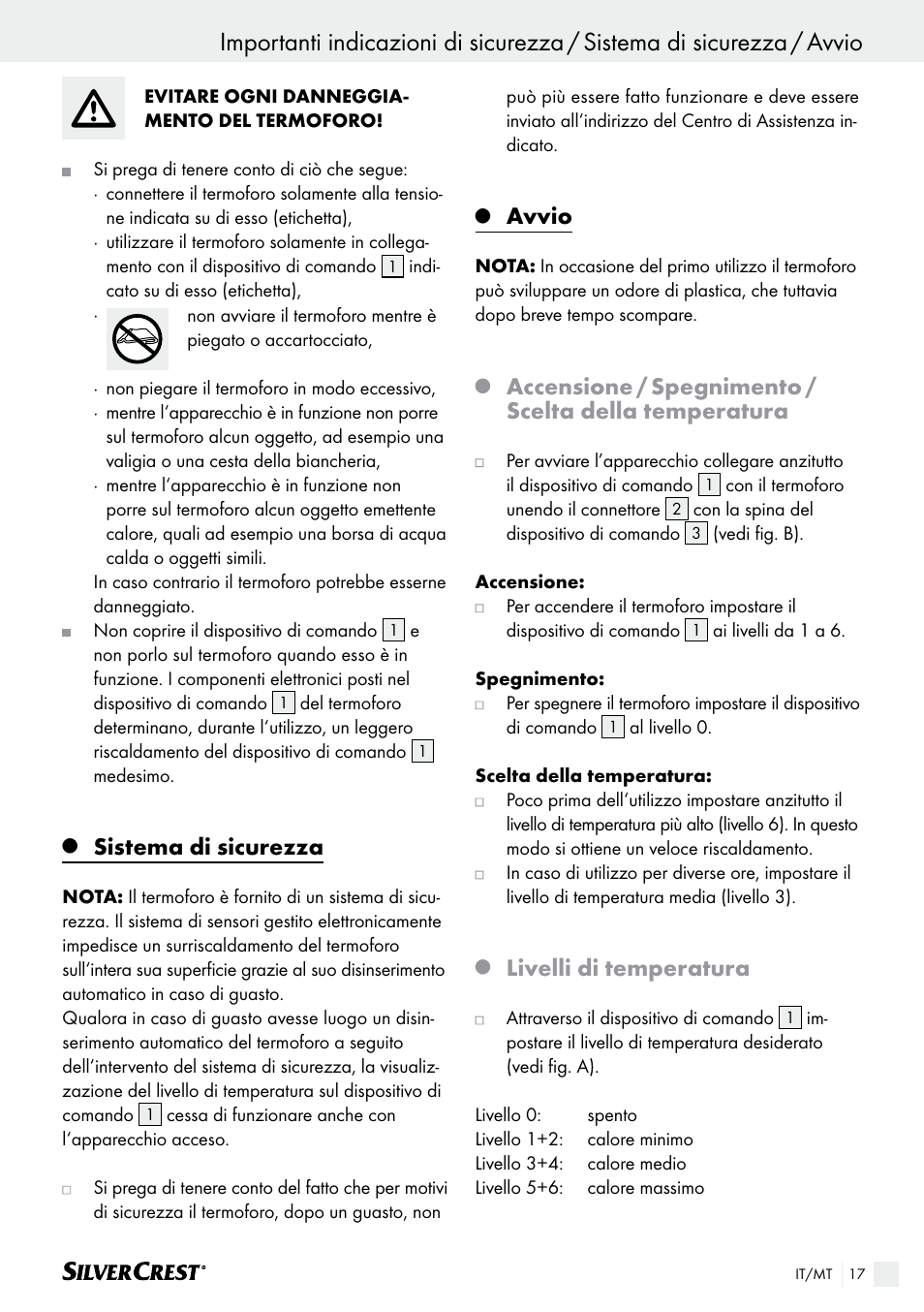 Sistema di sicurezza, Avvio, Livelli di temperatura | Silvercrest SHK 100 B2 User Manual | Page 17 / 45