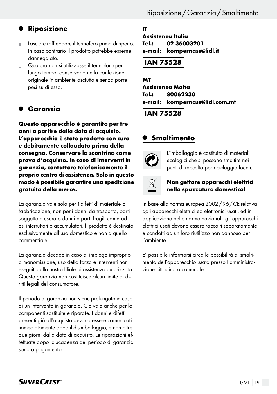 Riposizione / garanzia / smaltimento, Riposizione, Garanzia | Smaltimento | Silvercrest SHK 100 B2 User Manual | Page 19 / 45