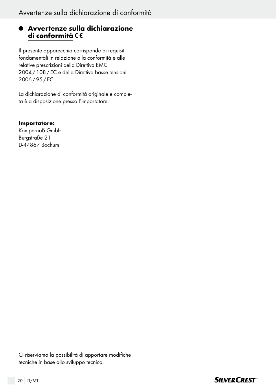 Avvertenze sulla dichiarazione di conformità | Silvercrest SHK 100 B2 User Manual | Page 20 / 45