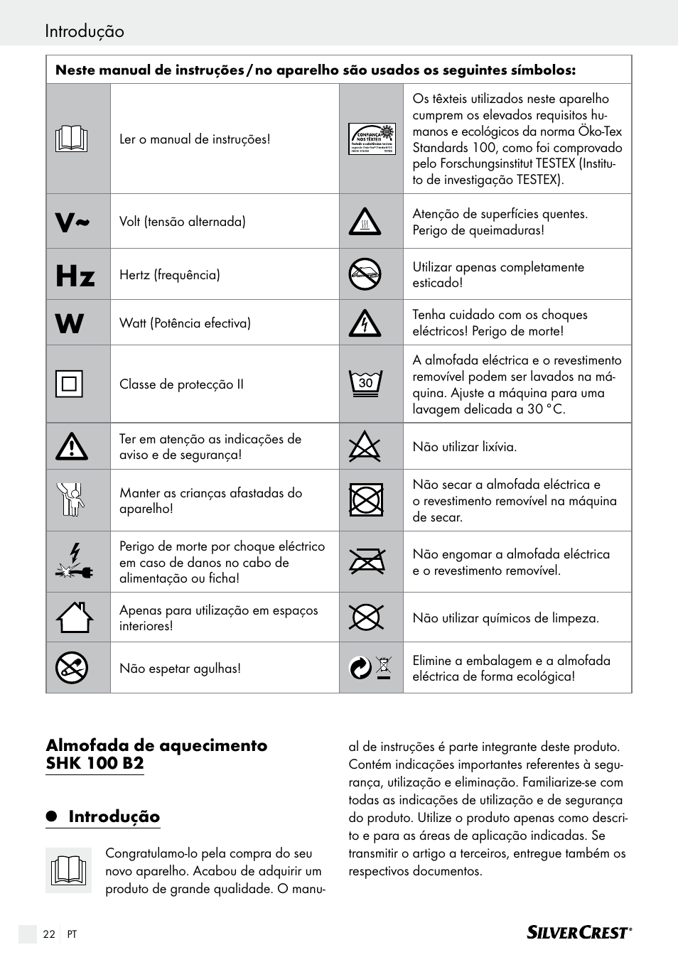 Introdução, Almofada de aquecimento shk 100 b2 | Silvercrest SHK 100 B2 User Manual | Page 22 / 45