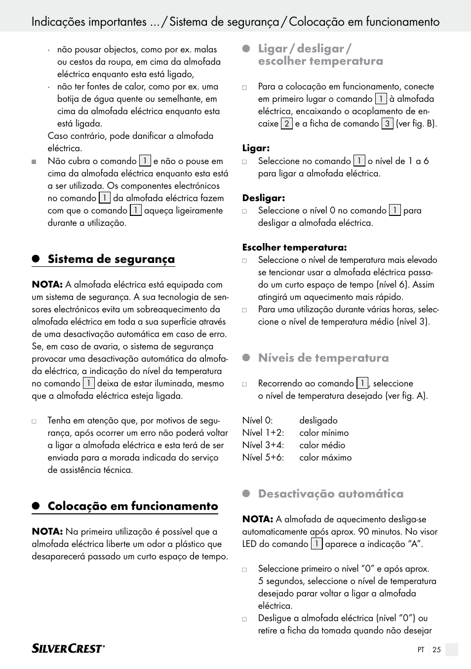 Sistema de segurança, Colocação em funcionamento, Ligar / desligar / escolher temperatura | Níveis de temperatura, Desactivação automática | Silvercrest SHK 100 B2 User Manual | Page 25 / 45
