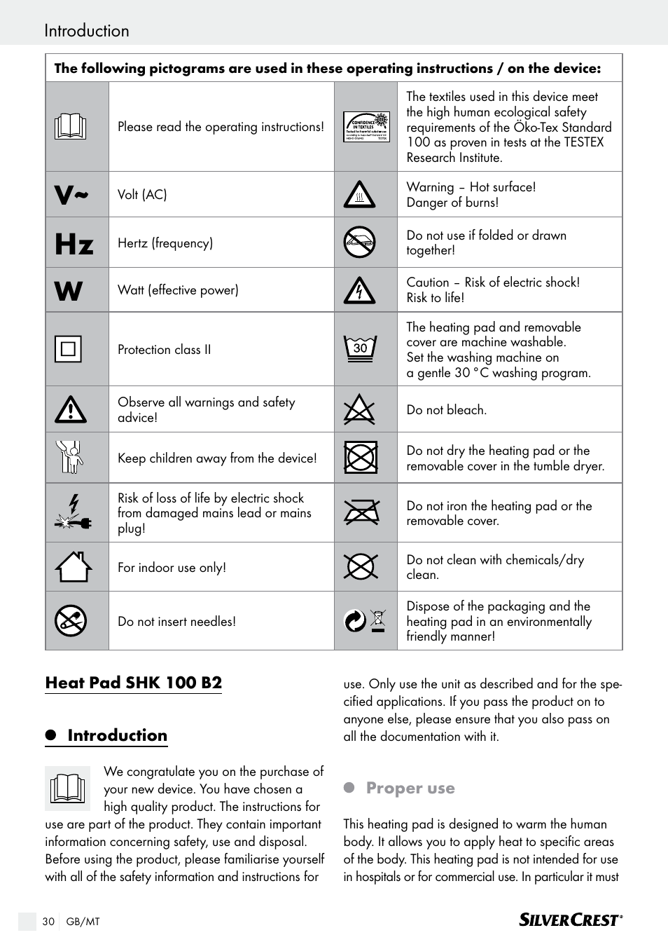 Heat pad shk 100 b2, Introduction, Proper use | Silvercrest SHK 100 B2 User Manual | Page 30 / 45