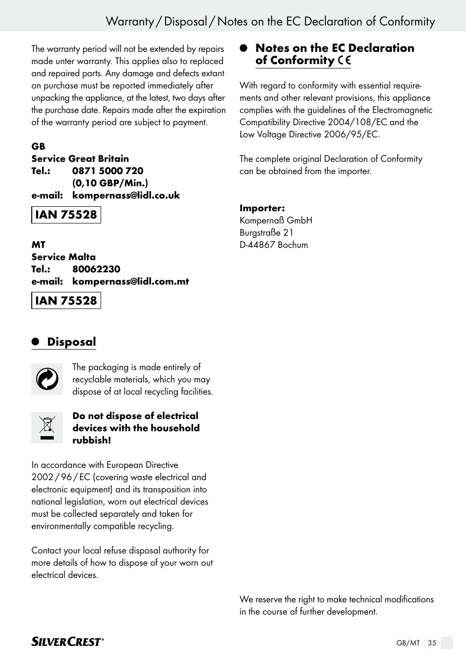 Cleaning and care / storage / warranty, Disposal | Silvercrest SHK 100 B2 User Manual | Page 35 / 45