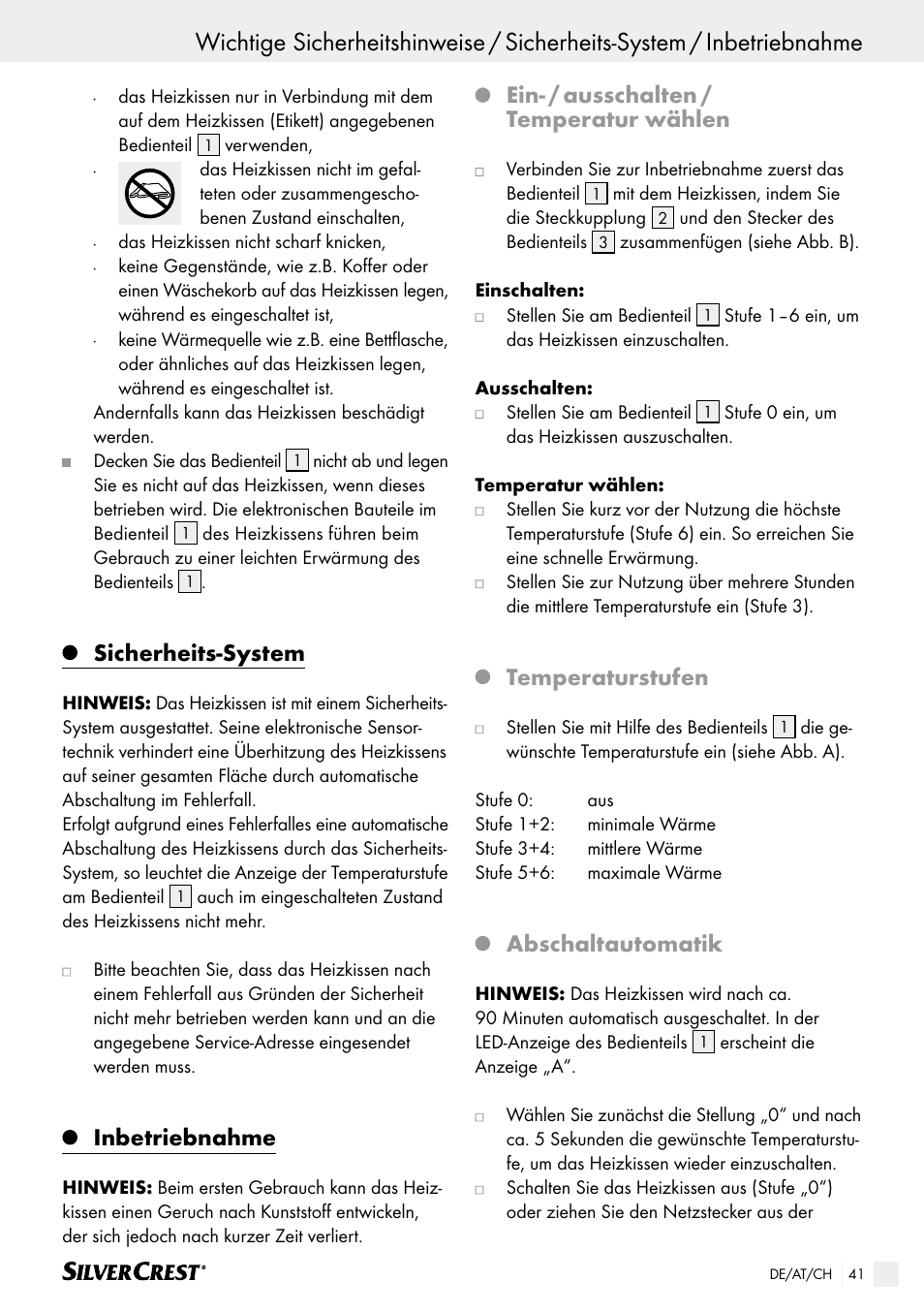 Sicherheits-system, Inbetriebnahme, Ein- / ausschalten / temperatur wählen | Temperaturstufen, Abschaltautomatik | Silvercrest SHK 100 B2 User Manual | Page 41 / 45