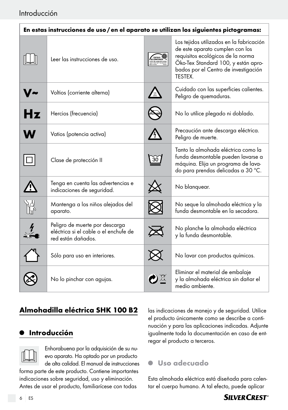 Introducción, Almohadilla eléctrica shk 100 b2, Uso adecuado | Silvercrest SHK 100 B2 User Manual | Page 6 / 45