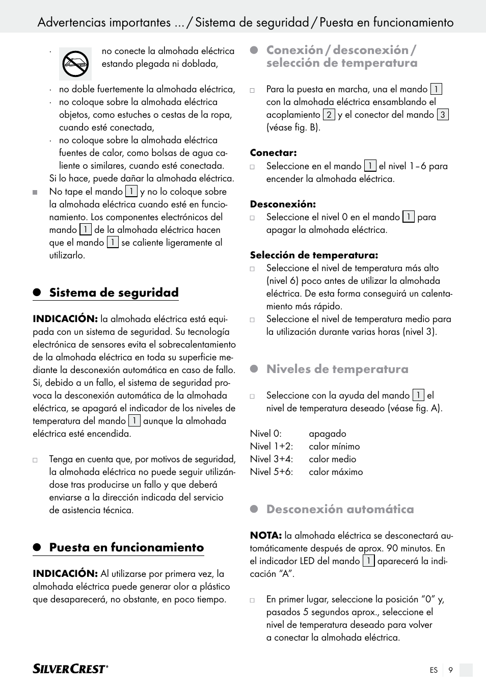Sistema de seguridad, Puesta en funcionamiento, Conexión / desconexión / selección de temperatura | Niveles de temperatura, Desconexión automática | Silvercrest SHK 100 B2 User Manual | Page 9 / 45