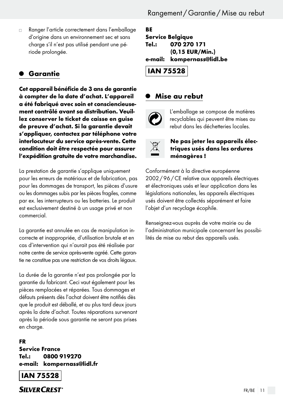 Rangement / garantie / mise au rebut, Garantie, Mise au rebut | Silvercrest SHK 100 B2 User Manual | Page 11 / 36