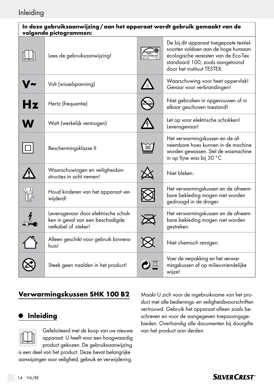 Inleiding, Verwarmingskussen shk 100 b2 | Silvercrest SHK 100 B2 User Manual | Page 14 / 36
