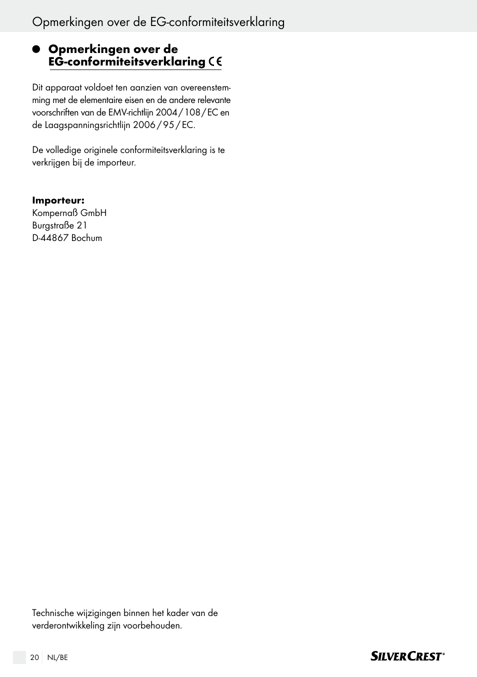 Opmerkingen over de eg-conformiteitsverklaring | Silvercrest SHK 100 B2 User Manual | Page 20 / 36