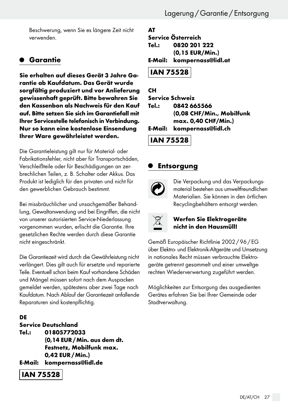 Lagerung / garantie / entsorgung, Inbetriebnahme / reinigung und pflege / lagerung, Garantie | Silvercrest SHK 100 B2 User Manual | Page 27 / 36