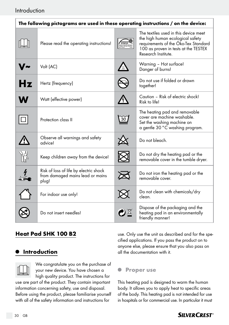 Heat pad shk 100 b2, Introduction, Proper use | Silvercrest SHK 100 B2 User Manual | Page 30 / 36