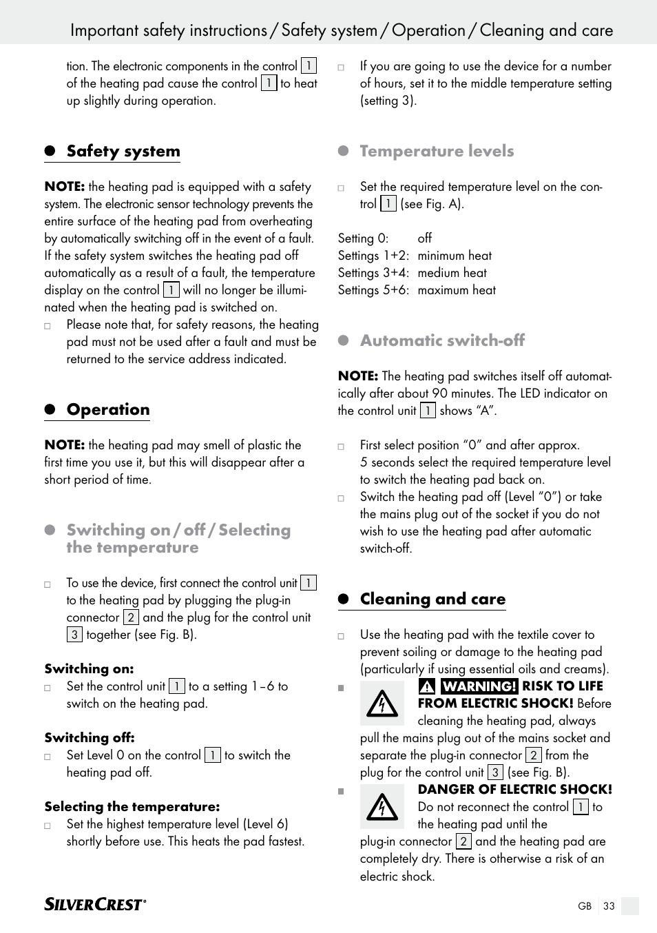 Safety system, Operation, Switching on / off / selecting the temperature | Temperature levels, Automatic switch-off, Cleaning and care | Silvercrest SHK 100 B2 User Manual | Page 33 / 36