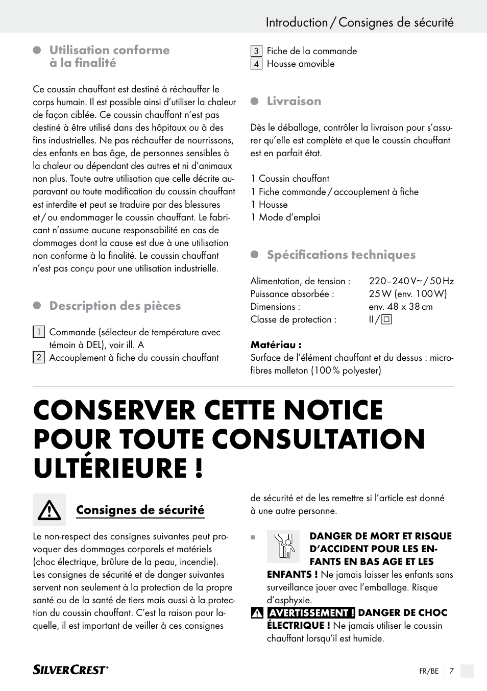 Introduction / consignes de sécurité | Silvercrest SHK 100 B2 User Manual | Page 7 / 36