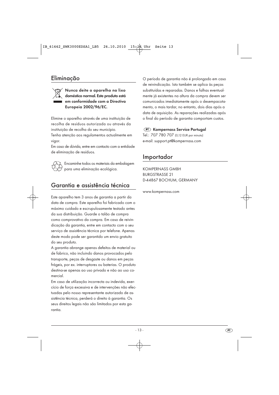 Eliminação, Garantia e assistência técnica, Importador | Silvercrest SWK 3000 EDS A1 User Manual | Page 15 / 23