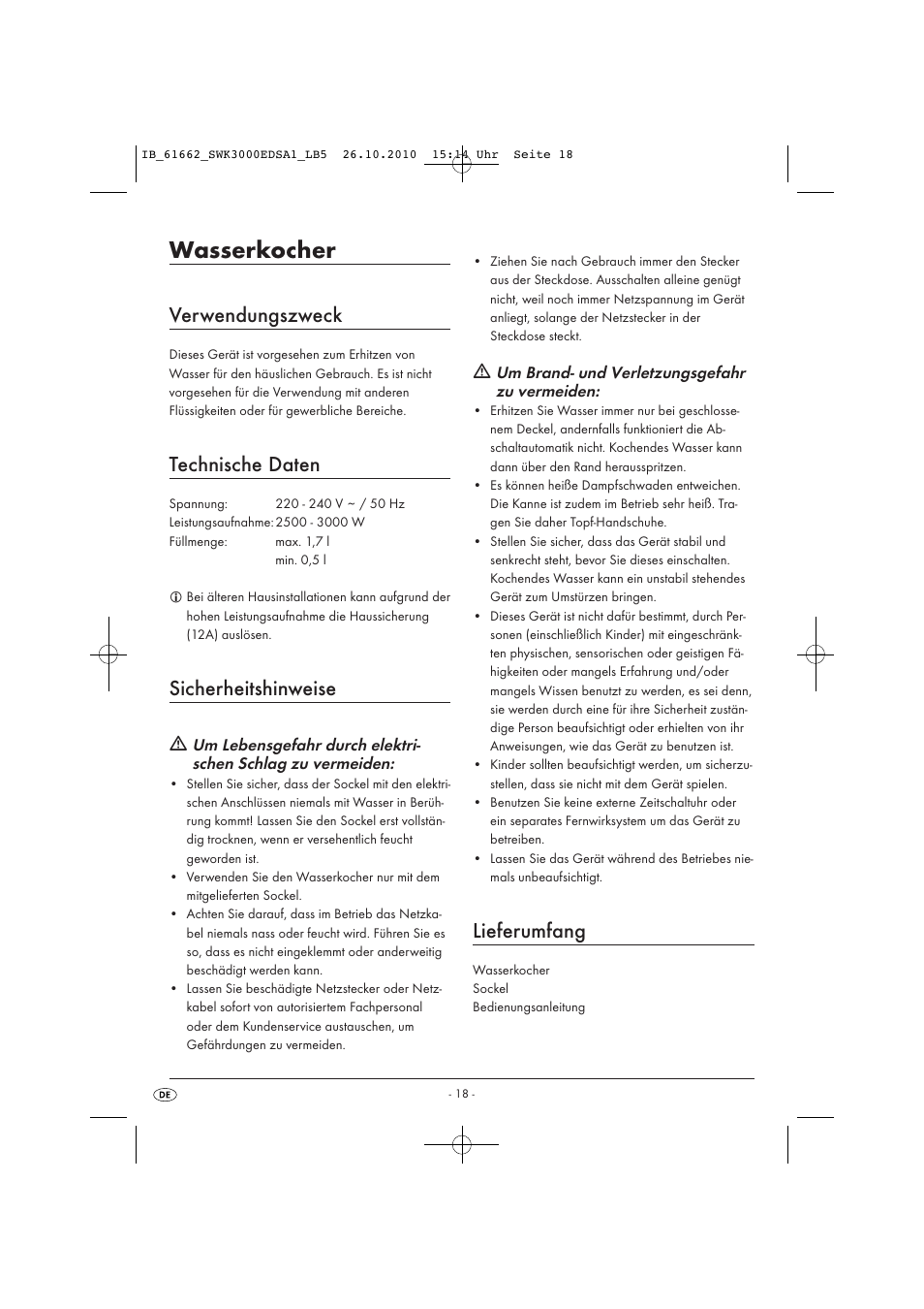 Wasserkocher, Verwendungszweck, Technische daten | Sicherheitshinweise, Lieferumfang | Silvercrest SWK 3000 EDS A1 User Manual | Page 20 / 23