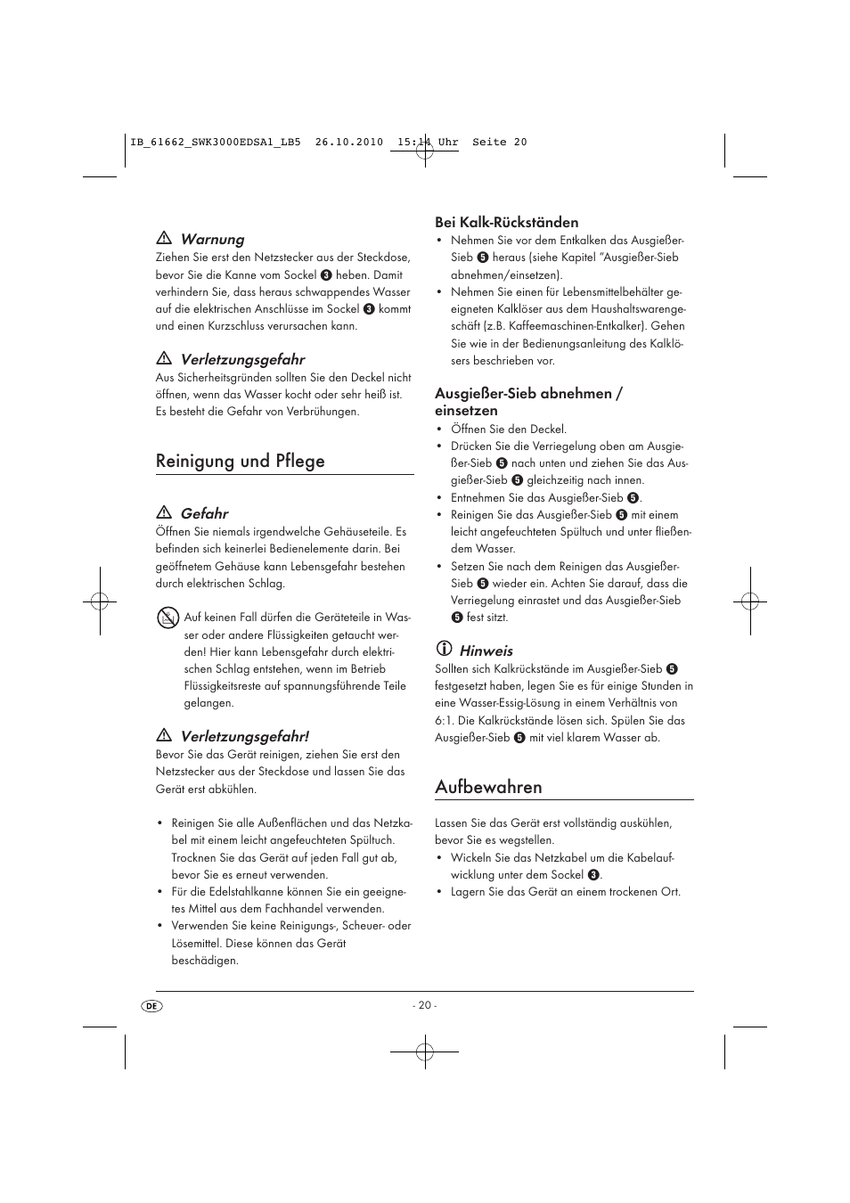 Reinigung und pflege, Aufbewahren | Silvercrest SWK 3000 EDS A1 User Manual | Page 22 / 23