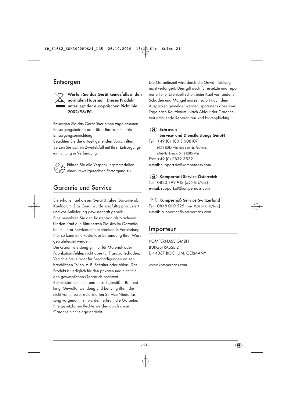 Entsorgen, Garantie und service, Importeur | Silvercrest SWK 3000 EDS A1 User Manual | Page 23 / 23