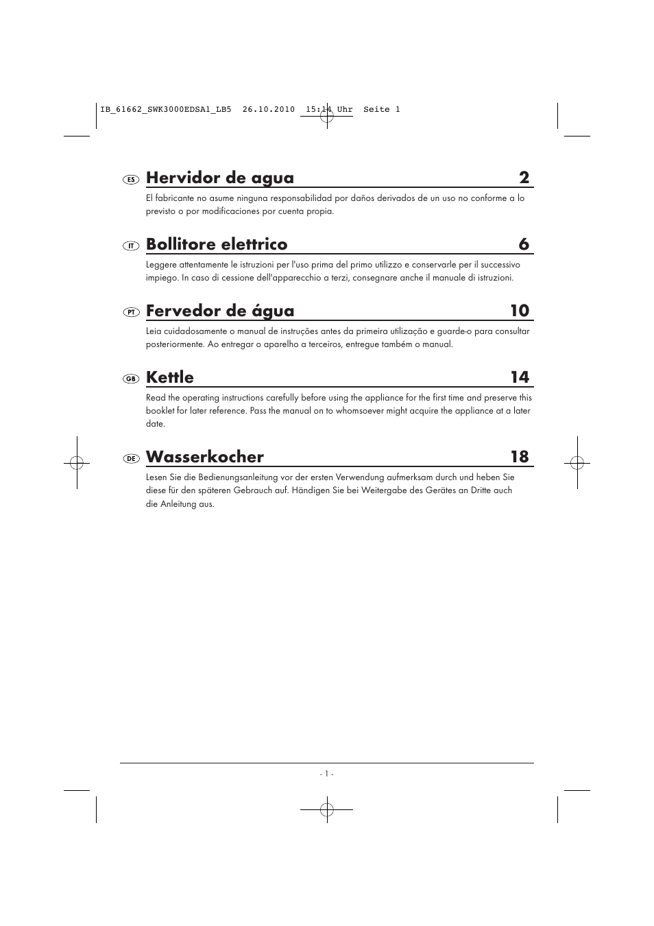Hervidor de agua 2, Bollitore elettrico 6, Fervedor de água 10 | Kettle 14, Wasserkocher 18 | Silvercrest SWK 3000 EDS A1 User Manual | Page 3 / 23