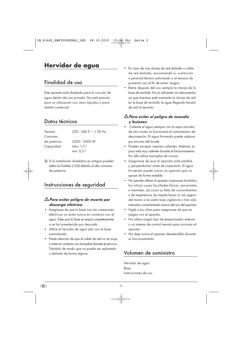 Hervidor de agua, Finalidad de uso, Datos técnicos | Instrucciones de seguridad, Volumen de suministro | Silvercrest SWK 3000 EDS A1 User Manual | Page 4 / 23