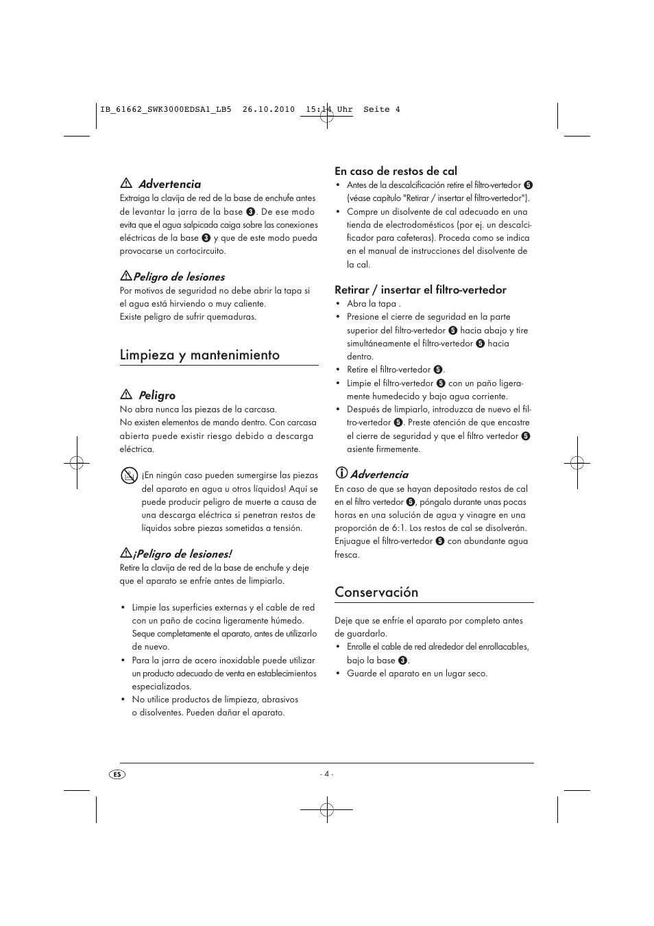 Limpieza y mantenimiento, Conservación, Dvertencia | Eligro | Silvercrest SWK 3000 EDS A1 User Manual | Page 6 / 23