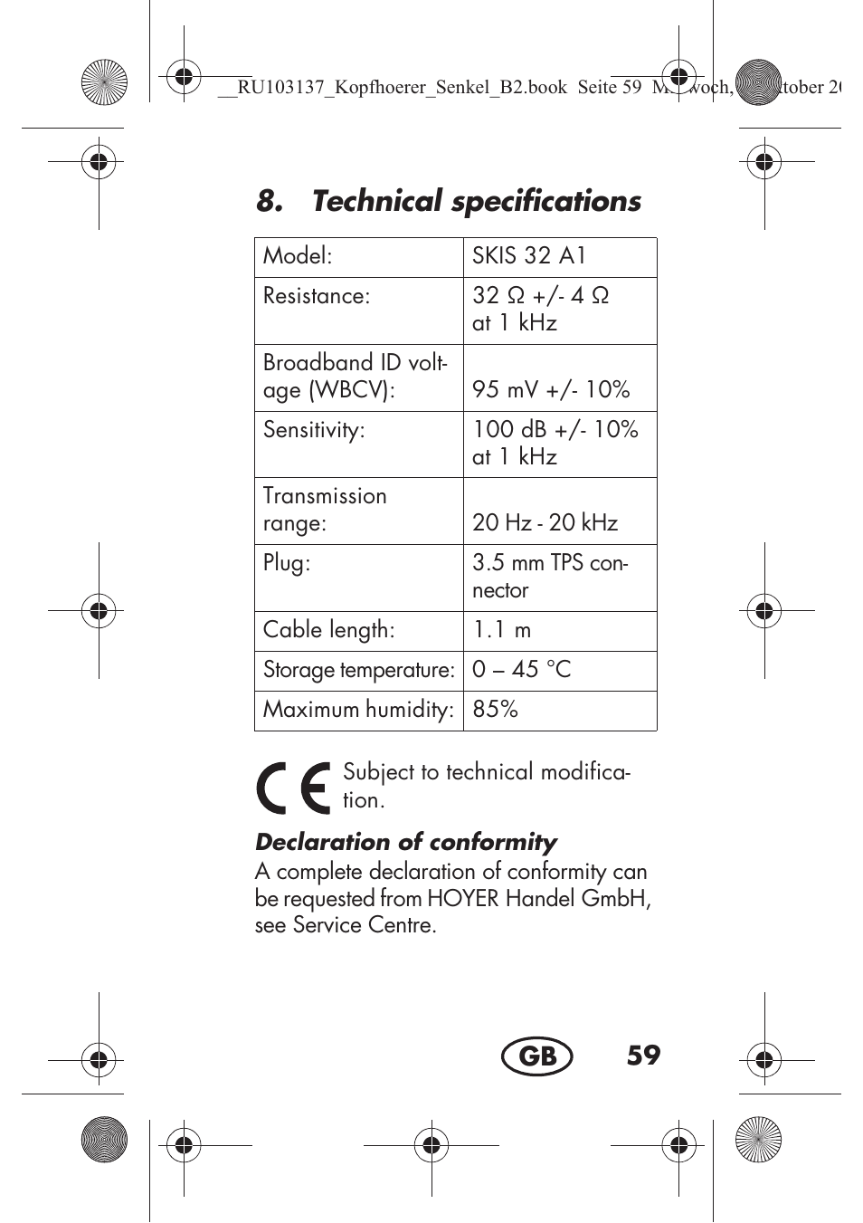 Technical specifications | Silvercrest SKIS 32 A1 User Manual | Page 61 / 66