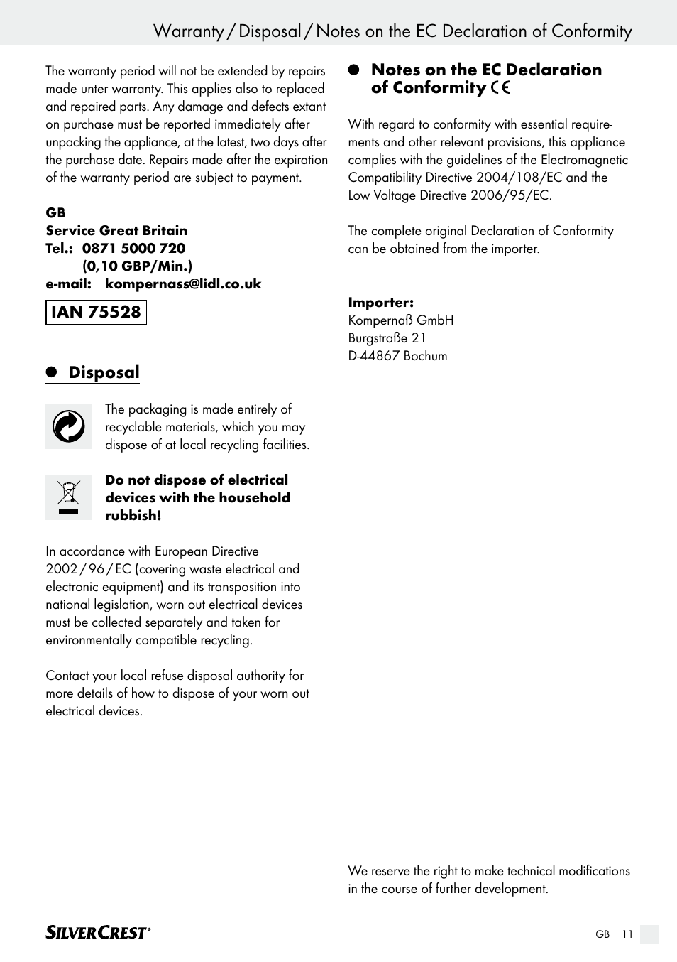 Cleaning and care / storage / warranty, Disposal | Silvercrest SHK 100 B2 User Manual | Page 11 / 61