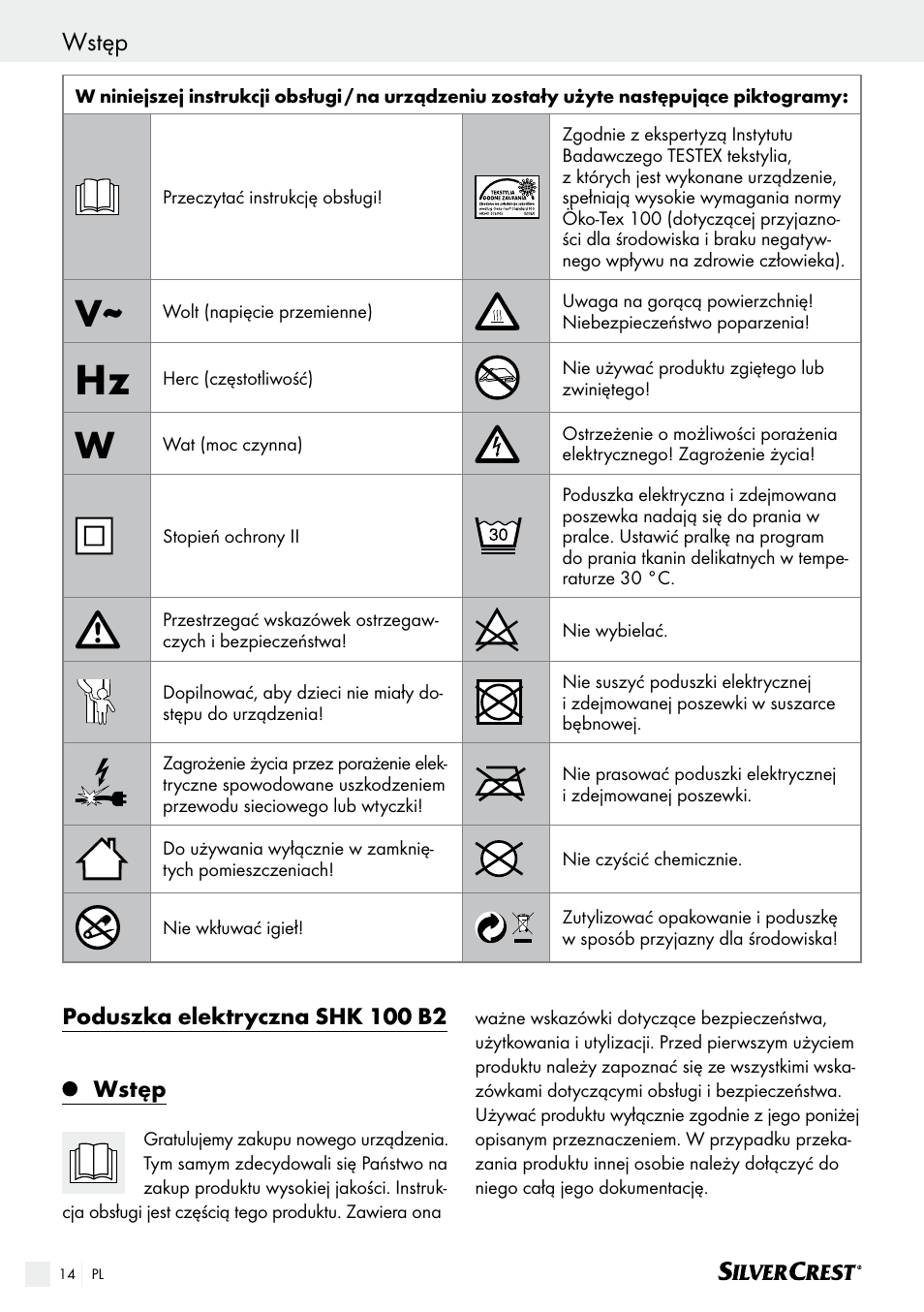 Wstęp, Poduszka elektryczna shk 100 b2 | Silvercrest SHK 100 B2 User Manual | Page 14 / 61