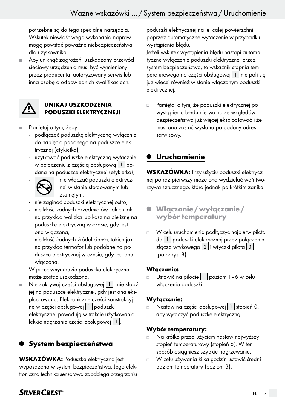 System bezpieczeństwa, Uruchomienie, Włączanie / wyłączanie / wybór temperatury | Silvercrest SHK 100 B2 User Manual | Page 17 / 61