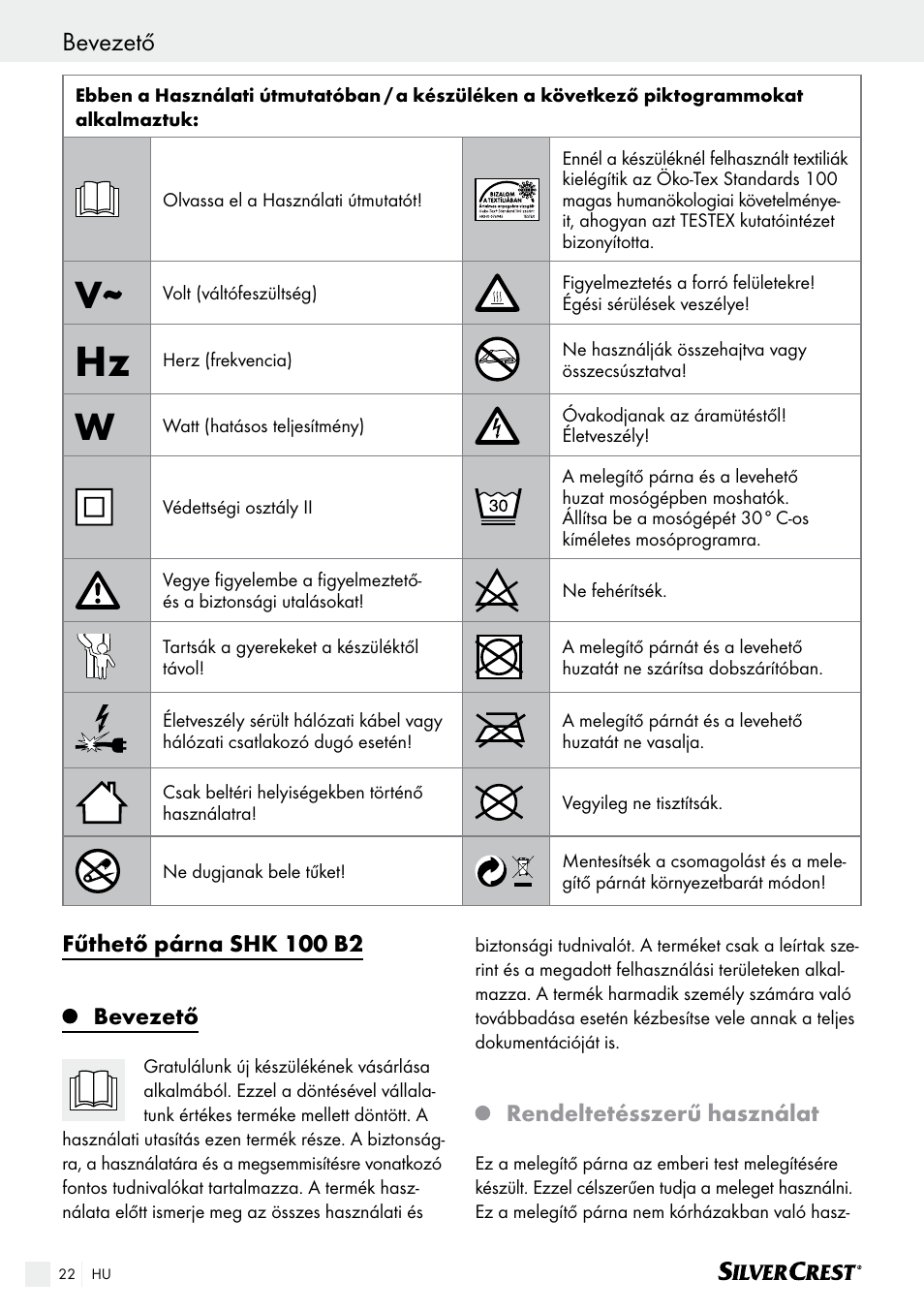 Bevezető, Fűthető párna shk 100 b2, Rendeltetésszerű használat | Silvercrest SHK 100 B2 User Manual | Page 22 / 61
